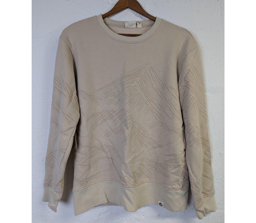 Happy Earth Sweatshirt Beige Mountain Print Organic Cotton Minimal Womens Small